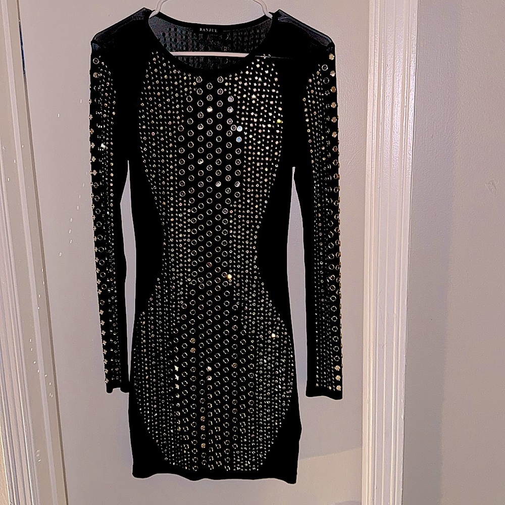 Black Mesh Jeweled Mini Dress